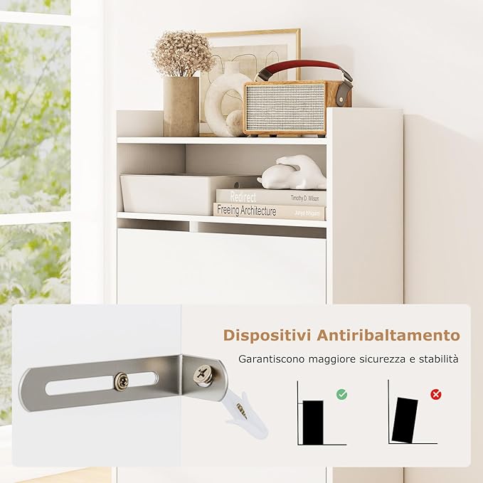 Scarpiera Slim in Legno, Portascarpe a 4 Livelli con 2 Cassetti a Ribalta, con Ripiano Aperto, Mobile Porta Scarpe per Ingresso Corridoio, 60x24x102 cm (Bianco)