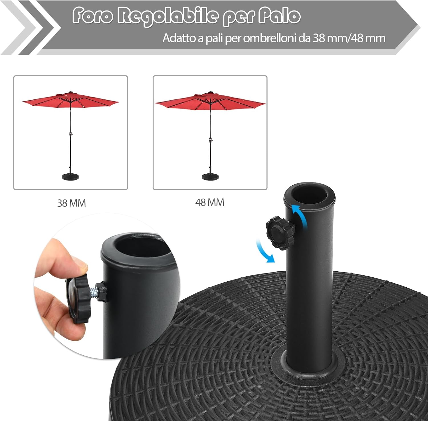 Base per Ombrellone da Giardino 22 kg, Supporto per Ombrellone da Esterno in Resina con Pomello Regolabile, Base Rotonda per Ombrellone 38mm/48 mm, 52 x 36 cm