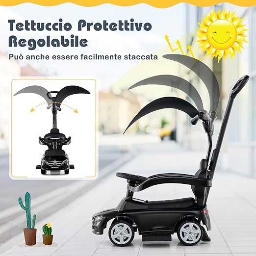 3 in 1 Auto a Spinta, Mercedes-Benz Macchina Cavalcabile, con Schienale Regolabile Suono Barra di Spinta e Tettuccio, per Bambini 18-36 Mesi (Nero)