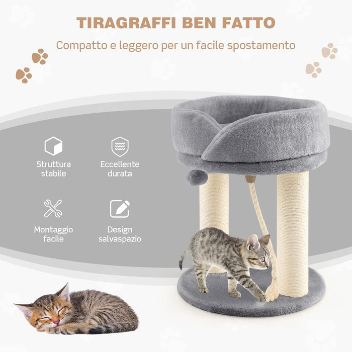 Tiragraffi per Gatti, Albero Tiragraffi Gatto con Cuccia in Peluche, Pallina, Corde e Tiragraffi in Sisal, Tiragraffi da Divano in Legno per Gatti Piccoli, 43 x 43 x 53 cm (Grigio)