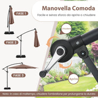 Ombrellone da Giardino 290 cm, con 96 Luci LED, Ombrellone Esterno con Base, Inclinazione Regolabile, Rotazione a 360°, Manovella, Parasole da Giardino (Marrone)