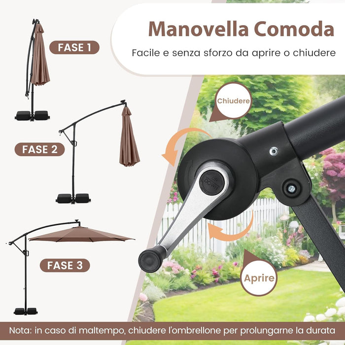 Ombrellone da Giardino 290 cm, con 96 Luci LED, Ombrellone Esterno con Base, Inclinazione Regolabile, Rotazione a 360°, Manovella, Parasole da Giardino (Marrone)
