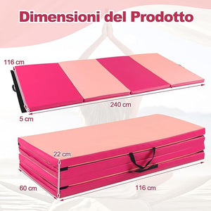 Tappetino Fitness Yoga, 240x120x5 cm, 4 Segmenti Pieghevoli, Materassino da Ginnastica, Impermeabile in Schiuma PU, con Manici, Leggero e Portabile, Trasporto Facile(Rosa)