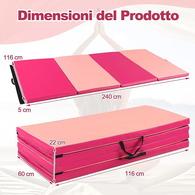 Tappetino Fitness Yoga, 240x120x5 cm, 4 Segmenti Pieghevoli, Materassino da Ginnastica, Impermeabile in Schiuma PU, con Manici, Leggero e Portabile, Trasporto Facile(Rosa)