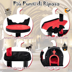 Albero per Gatti Gotico, Tiragraffi con Letto per Gatti, Condominio ad Arco, Pali, Pompom e Palline a Molla, Cat Tree di Halloween a 6 Livelli