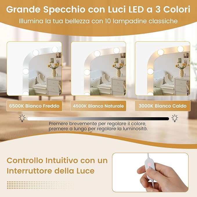 Toeletta da Trucco con 10 Luci, Set Tavolo e Sgabello da Trucco con Stazione di Ricarica, 3 Colori di Luce, 3 Cassetti, 2 Armadietti, Consolle Toeletta per Soggiorno Camera da Letto (Bianco)