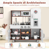 Cucina Giocattolo per Bambini, Cucina Legno per Bambini con Forno, Microonde, Frigorifero, Macchina del Ghiaccio, Lavello e Rubinetto, Funzione Luci e Suoni, per Bambini 3 Anni+