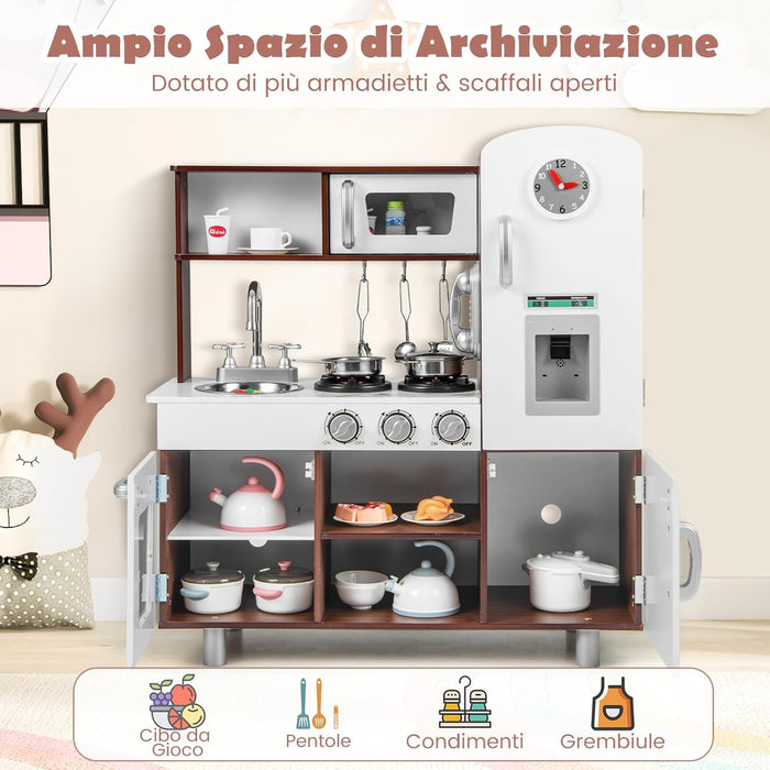 Cucina Giocattolo per Bambini, Cucina Legno per Bambini con Forno, Microonde, Frigorifero, Macchina del Ghiaccio, Lavello e Rubinetto, Funzione Luci e Suoni, per Bambini 3 Anni+