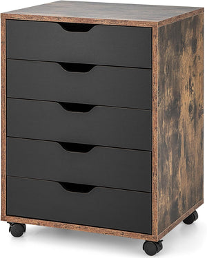 Cassettiera da Ufficio con 5 Cassetti e Ruote, Mobiletto Multiuso per Documenti e Cosmetici, Comodino con Ruote per Camera da letto Studio Ufficio e Soggiorno (Marrone)
