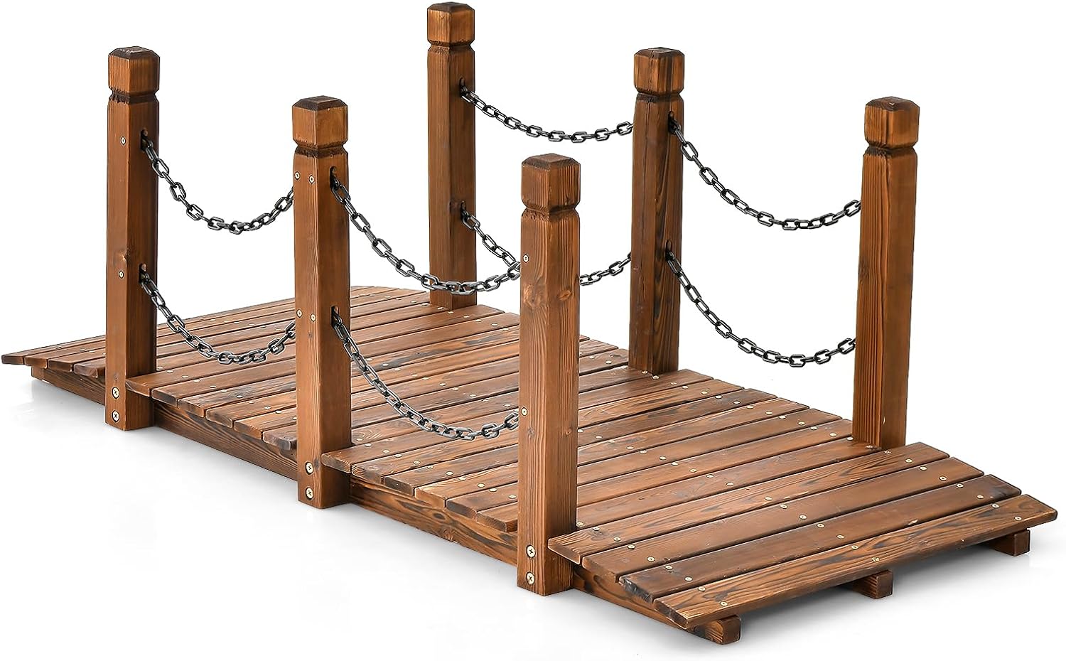 Ponte da Giardino in Legno, Ponte Decorativo con Finitura Tinta e Catena di Sicurezza, Ponte ad Arco in Legno per Giardino, Patio, Cortile e Fattoria, Carico 80 kg