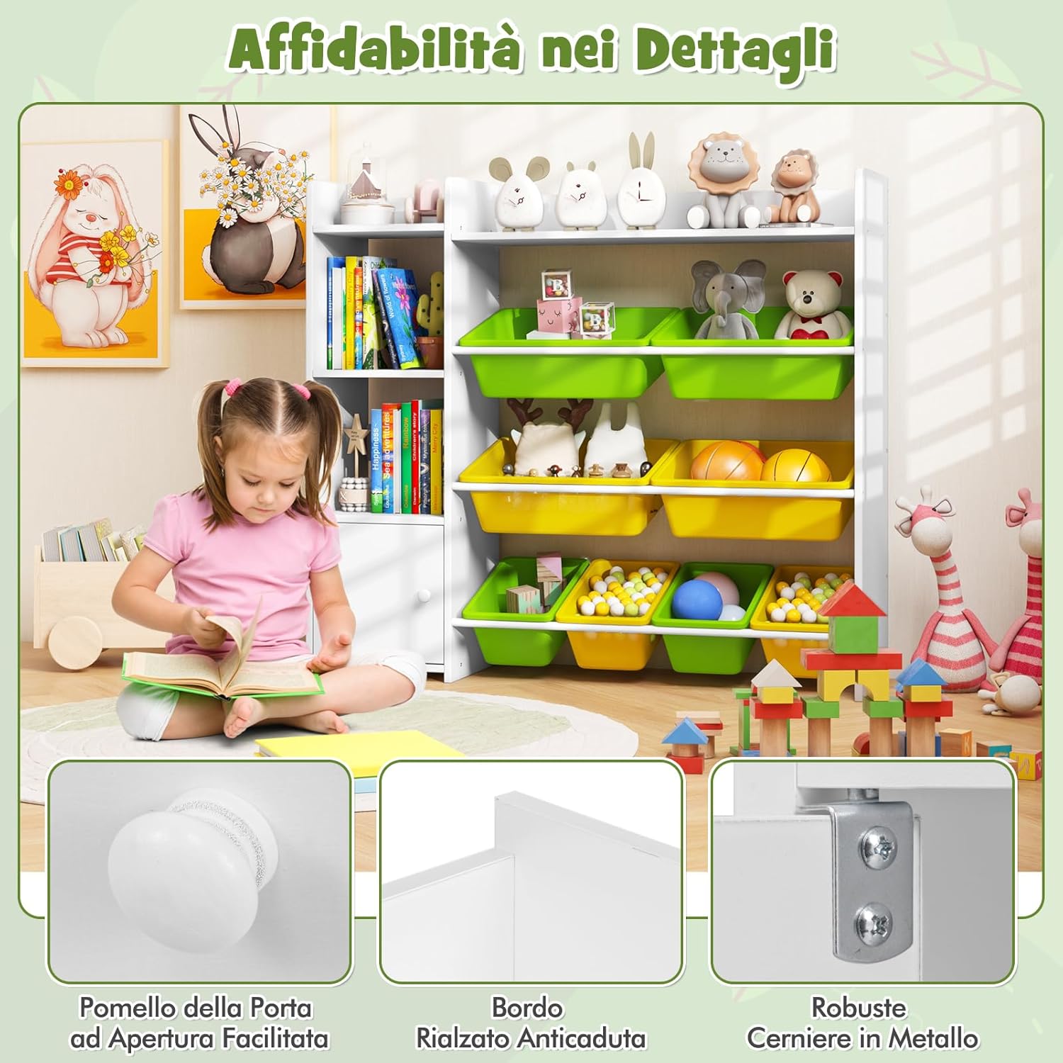 Mobile Porta Giochi per Bambini, Libreria e Scaffale per Giocattoli a 4 Livelli con 8 Contenitori 1 Anta, Libreria Multiuso per Bambini per Cameretta Soggiorno Asilo Nido