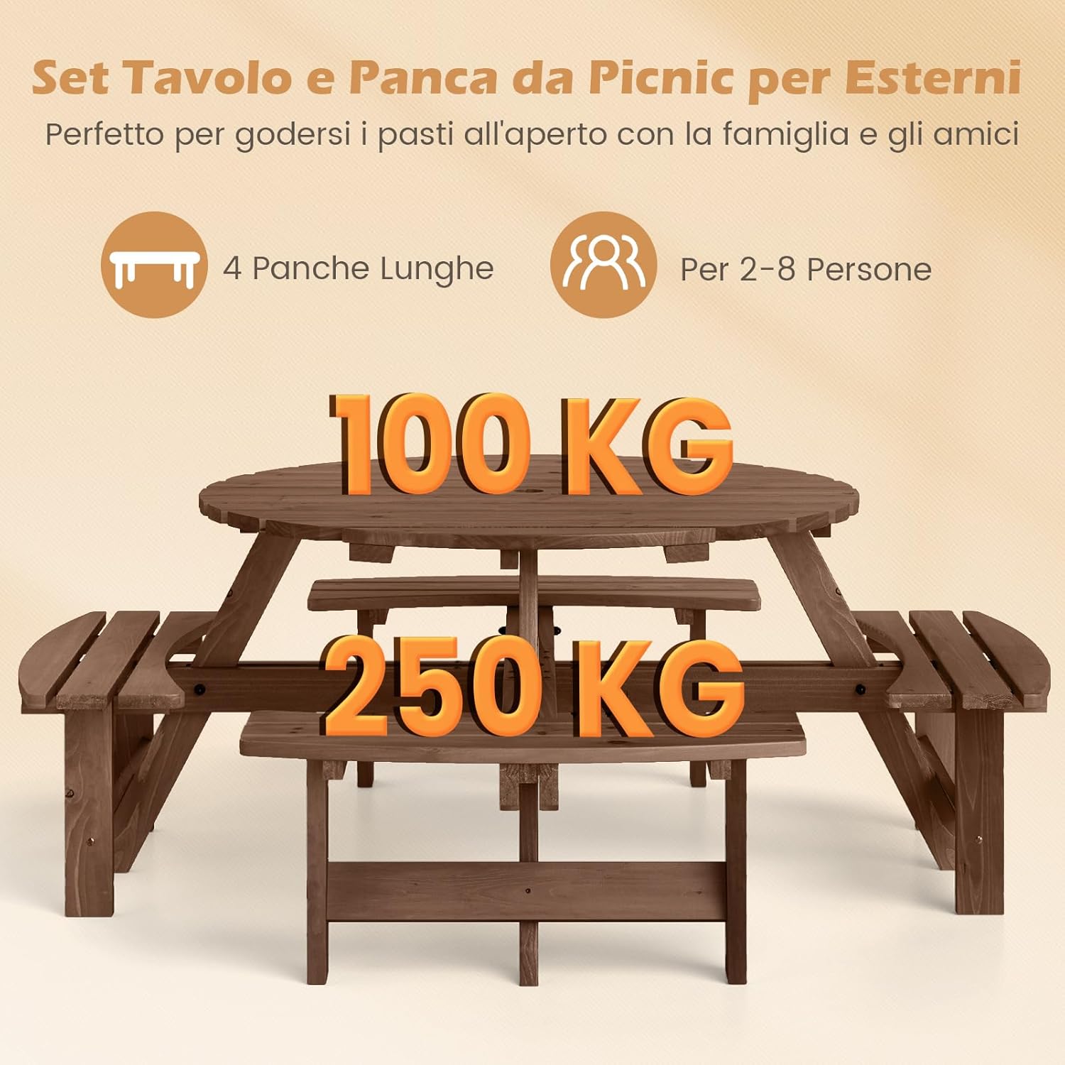 Set Tavolo con 4 Panche da Picnic, Tavolo da Pranzo Rotondo per 8 Persone, con Foro per Ombrello da 5 cm, Set di Mobili da Picnic da Esterno, per Giardino Patio (Marrone)