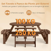 Set Tavolo con 4 Panche da Picnic, Tavolo da Pranzo Rotondo per 8 Persone, con Foro per Ombrello da 5 cm, Set di Mobili da Picnic da Esterno, per Giardino Patio (Marrone)
