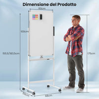 Lavagna Bianca Portatile con Ruote, Lavagna a Secco Reversibile con Pennarelli, Cancellino, Lavagna Bianca Regolabile in Altezza per Scuola, Ufficio, Casa, 68 x 56 x 155,5-183,5 cm (Bianco)