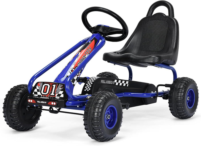 Go Kart a Pedali per Bambini, Go Kart Veicolo con Sedile Regolabile e Freno a Mano, per Bambini 3-6 Anni, Portata Massima 30 kg (Blu)