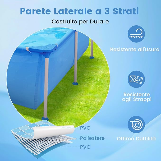 Piscina Fuori Terra, Piscina Rettangolare Grande con Pompa Filtro, Cartuccia e Struttura in Metallo, per Esterni per Bambini e Adulti, Capacità 2612 L, 258 x 179 x 66 cm