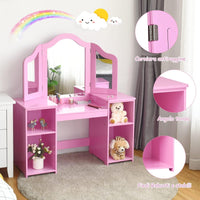Toeletta per Bambini in Legno - Design Smontabile 2 in 1, Mobile da Trucco Stile Principessa con 4 Mensole e Specchio, Rosa