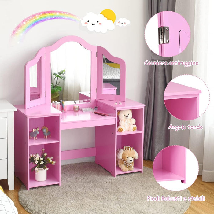 Toeletta per Bambini in Legno - Design Smontabile 2 in 1, Mobile da Trucco Stile Principessa con 4 Mensole e Specchio, Rosa