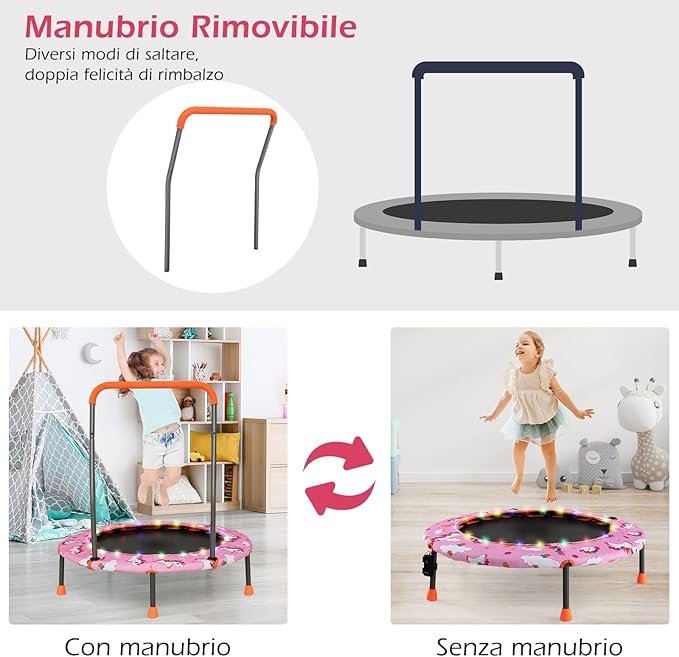 Trampolino per Bambini da Interno ed Esterno, Tappeto Elasctico Bambini 3-6 Anni in Acciaio con Maniglia Rimovibile, Luci LED, Cuscinetti Antiscivolo e Copertura Protettiva