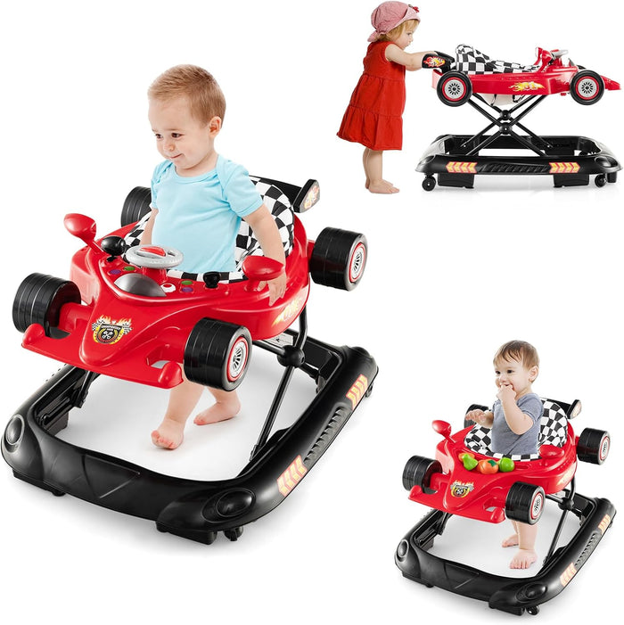 4 in 1 Girello per Bambini, Primi Bassi per Neonati con Altezza Regolabile, Girello Pieghevole con Vassoio Rimovibile, Musica e Luci, per Bambini 6+ Mesi (Rosso)