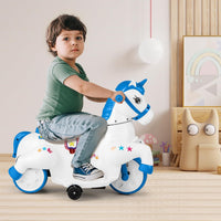 12V Giocattolo Unicorn a Cavallo, Macchina Cavalcabile con Ruote di Addestramento Modalità di Equitazione, Musica Panello LED, Cavallo a Motore per Bambini 3 Anni+ (Blu)