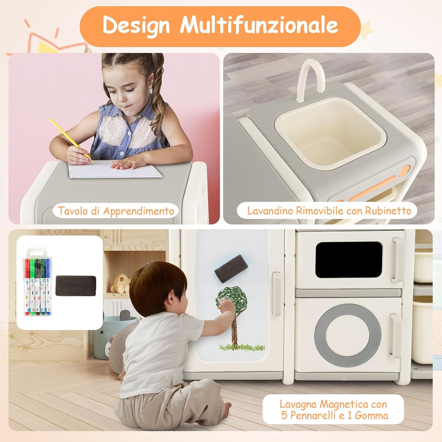 Mobile Porta Giochi per Bambini, Scaffale e Libreria Giochi Multiuso con Lavagna Magnetica Lavello e Rubinetto Rimovibili, Ante e Contenitori, Mobile per Bambini con Pennarelli e Cancellino