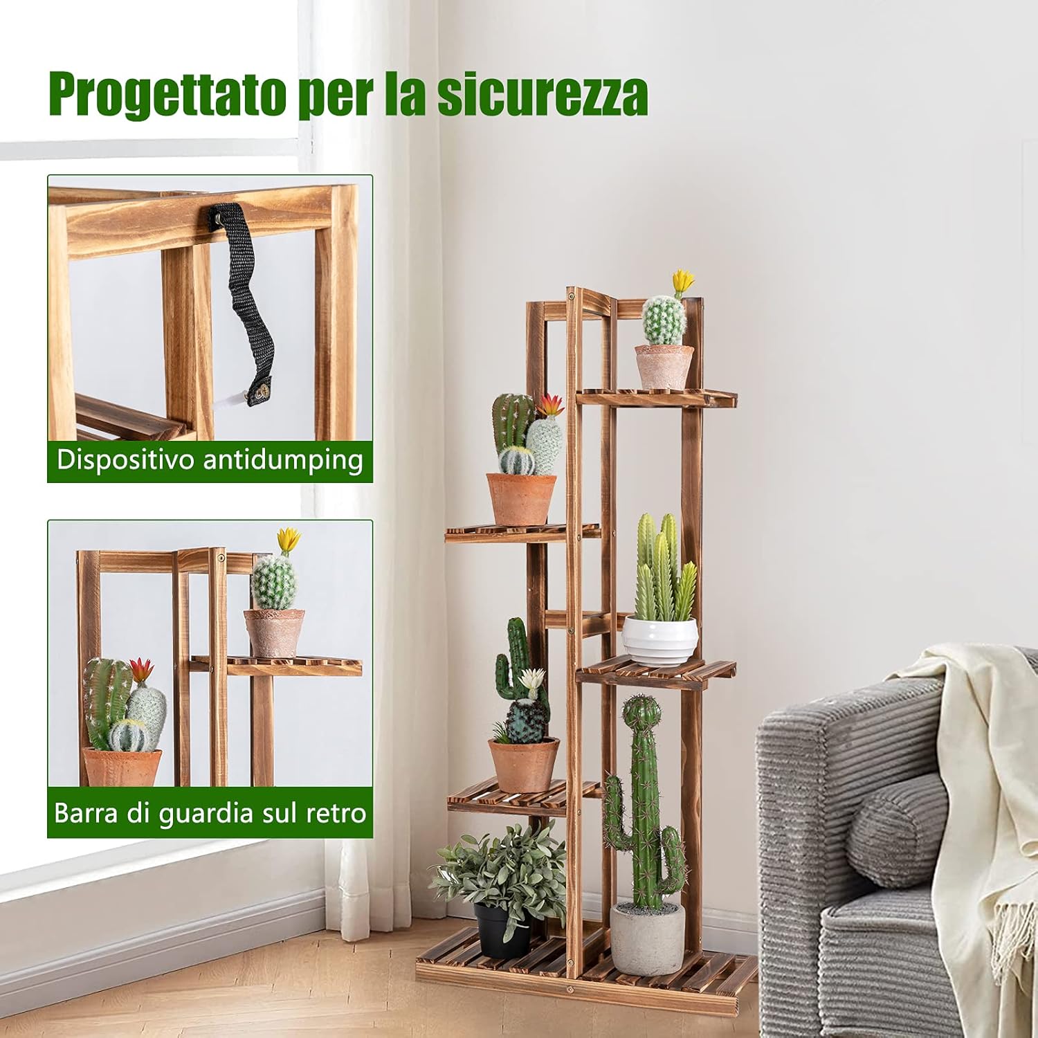 Scaffale per Piante da Interno ed Esterno, Porta Fiori di Legno a 5/6 Livelli, Porta Vasi per Giardino, Balcone e Soggiorno (5 livelli)