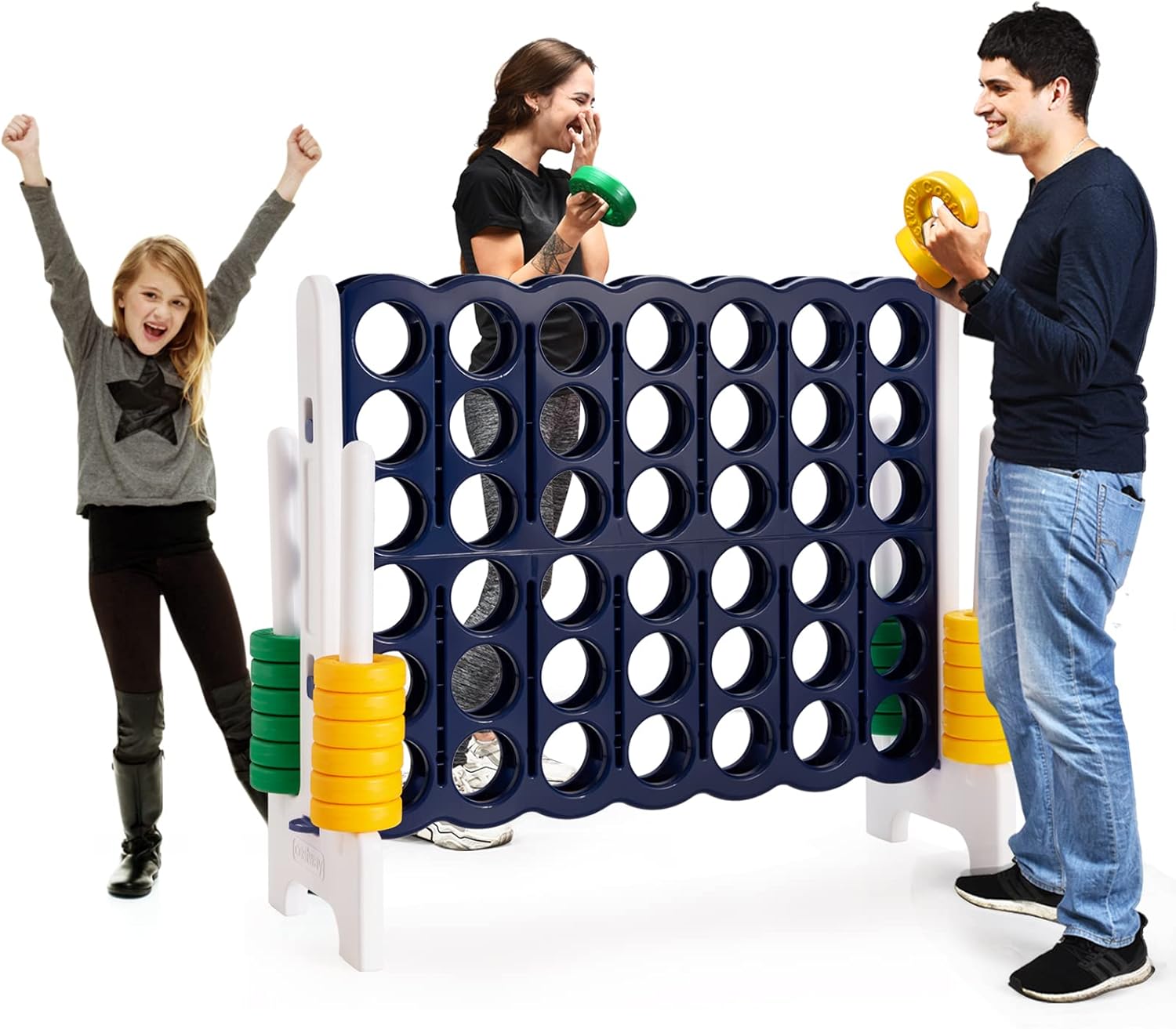 Forza 4 Gigante da 104 cm per Bambini e Adulti, Set Forza 4 per Interni ed Esterni con 42 Anelli Giganti e Dispositivo di Scorrimento a Sgancio Rapido, Perfetto per Feste e Vacanze, Blu