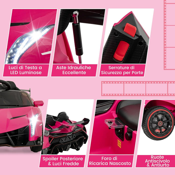 Lamborghini Macchina Elettrica per Bambini, Auto Elettrica Cavalcabile con Telecomando Luci LED, 3 Velocità, 3-6 km/h, Modalità Dondolo, per Bambini 3-8 Anni (Rosa)