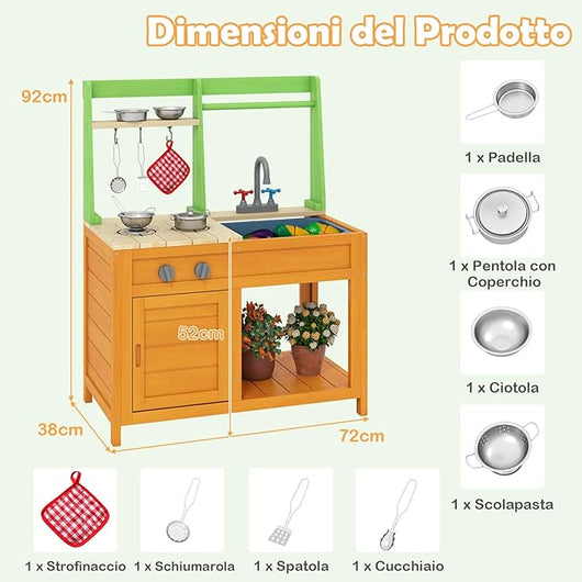 Cucina Giocattolo in Legno, Cucina da Gioco all'Aperto con Fornelli Realistici, Rubinetto, Lavandino, Forno e Accessori per Pentole, Giocattoli per Bambini dai 3+ Anni