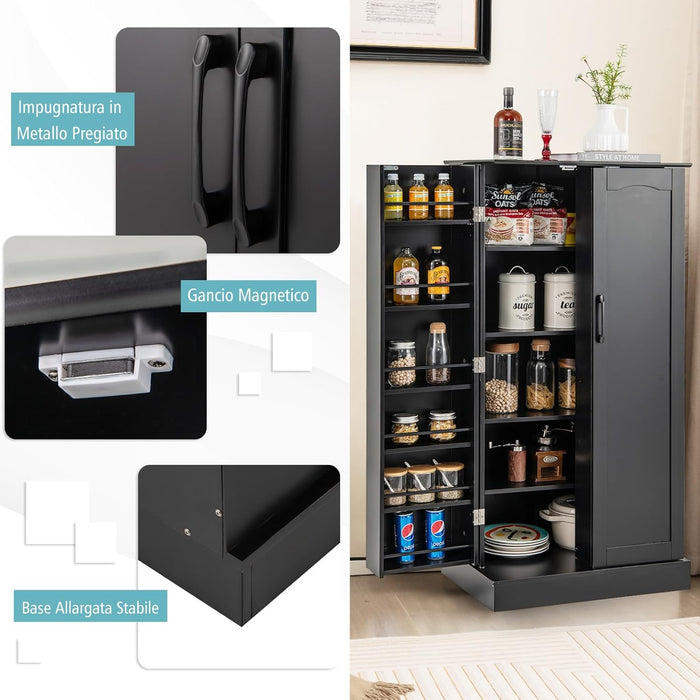 Credenza da Cucina, Mobile da Cucina Moderno con 6 Ripiani Regolabili, per Cucina, Sala da Pranzo e Soggiorno, 60 x 40 x 120 cm (Nero)