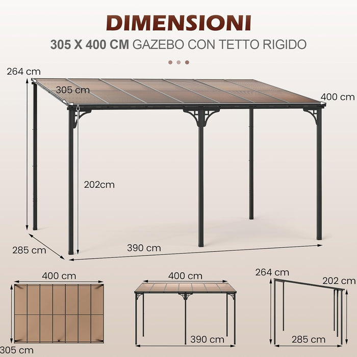 Gazebo da Esterno 305 x 400 x 264 cm, Gazebo Grande con Tetto Inclinato in Policarbonato e Struttura in Metallo, Tenda Impermeabile per Terrazzo, Giardino e Patio