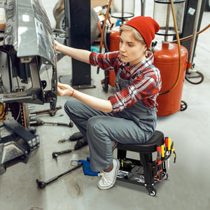 Sgabello da Officina con Ruote Universali e Vassoio Porta Attrezzi, Sgabello Meccanico con Maniglia Porta Utensili, Sedia da Garage con Sedile Rimovibile, Portata di 136 kg, 44 x 27 x 35 cm