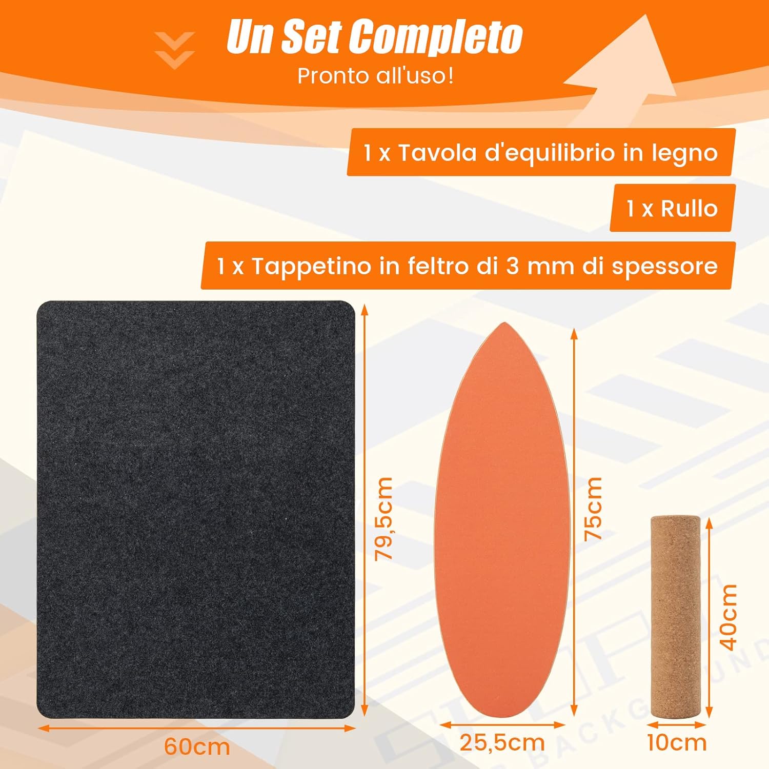 Balance Board in Legno, Tavola di Equilibrio con Rullo e Tappetino per Allenamento Skateboard Hockey Snowboard Surfing, Attrezzi 3 in 1 per Esercizi Equilibrio e Tonificazione Core (Arancione)