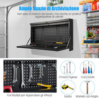 Banco da Lavoro Pieghevole a Parete, Organizzatore 2 in1 con Pannello Portautensili e Piano Spazioso, Tavolo da Lavoro Appeso per Garage, Magazzino, Officina, Nero