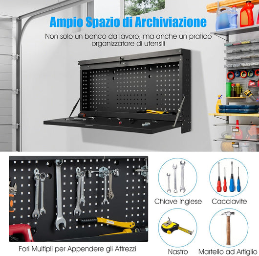 Banco da Lavoro Pieghevole a Parete, Organizzatore 2 in1 con Pannello Portautensili e Piano Spazioso, Tavolo da Lavoro Appeso per Garage, Magazzino, Officina, Nero