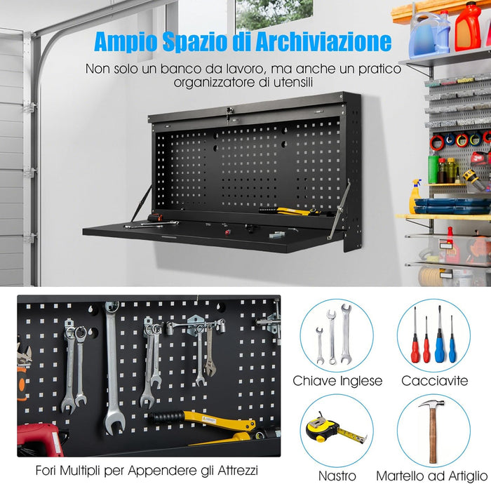 Banco da Lavoro Pieghevole a Parete, Organizzatore 2 in1 con Pannello Portautensili e Piano Spazioso, Tavolo da Lavoro Appeso per Garage, Magazzino, Officina, Nero