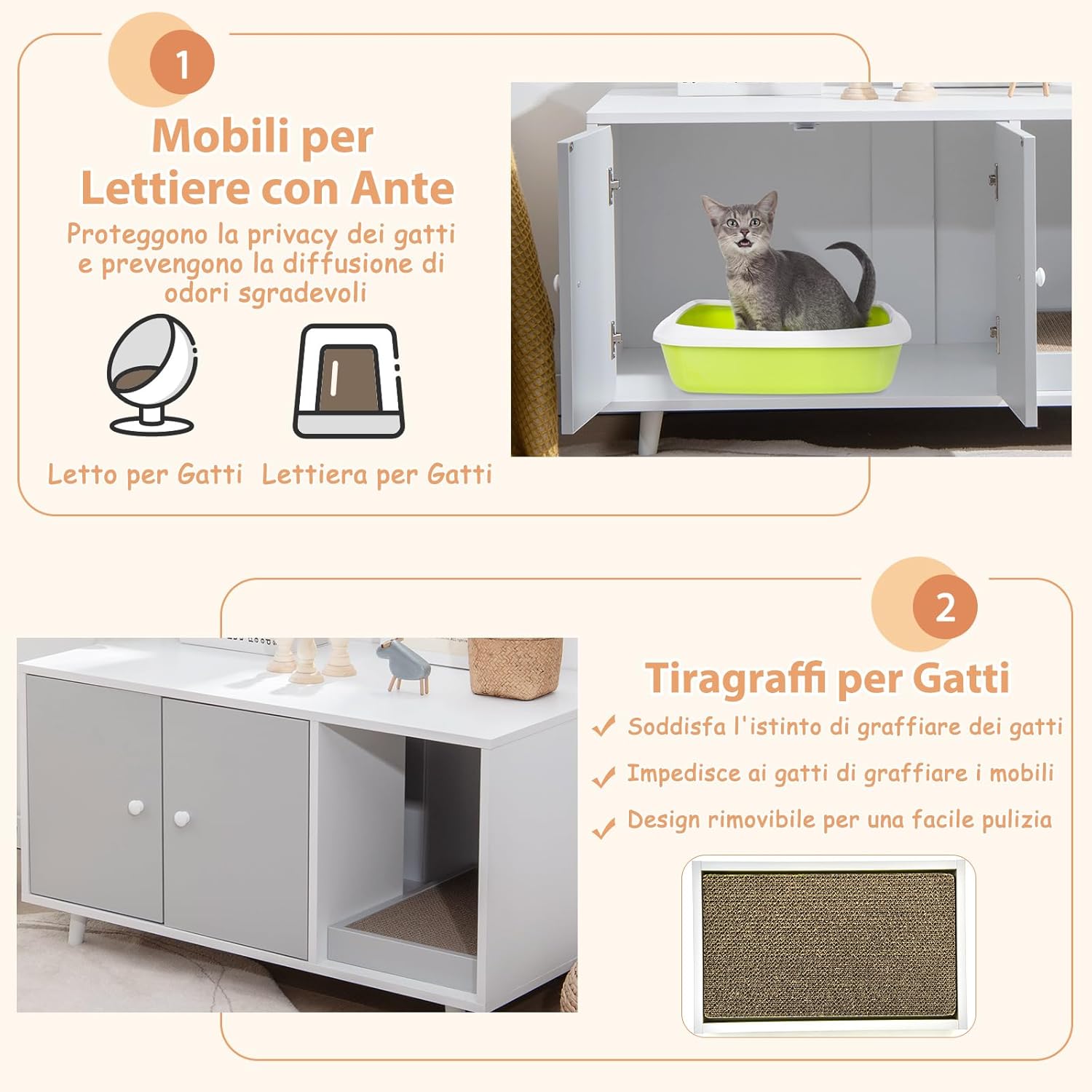Mobile per Lettiera per Gatti 90 x 50 x 50 cm, Cassetta Igienica per Gatti con Doppia Anta, Divisore, Ingresso Avvolgibile, Tiragraffi e Gambe di Metallo Solido (Grigio)