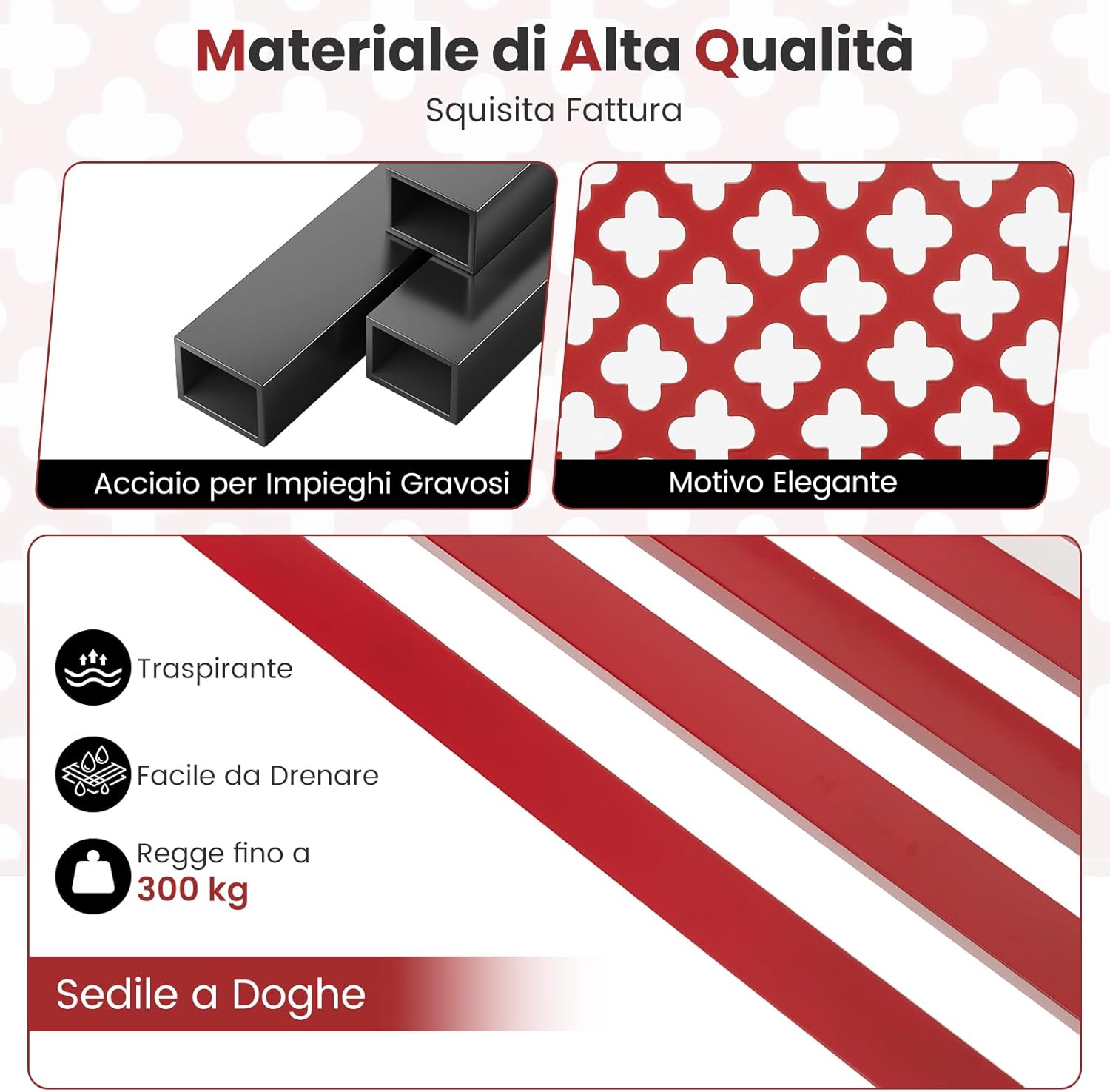 Panchina da Esterno, Panca da Giardin in Metallo con Schienale Traforato, Sedile a Doghe e Braccioli, Panchina Moderna per Cortile, Terrazzo e Giardino, Portata 300 kg (Rosso)