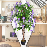 Albero glicine artificiale fiori 150cm Pianta decorativa in vaso da arredo interno viola-Piante artificiali