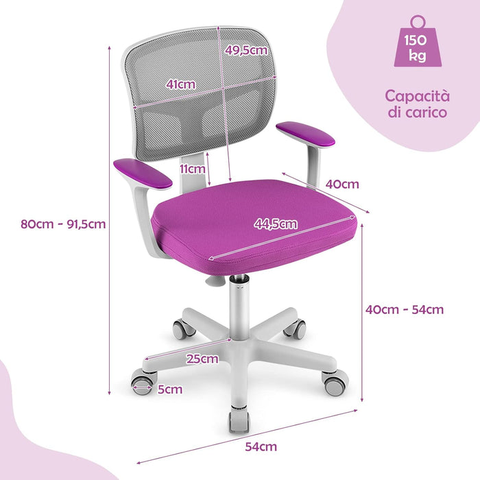 Sedia per Scrivania per Bambini, Sedia per Computer per Bambini con Altezza Regolabile, Ruote con Freni, Sedile Girevole a Rete, Sedia Ergonomica per Bambini 3-10 Anni (viola)