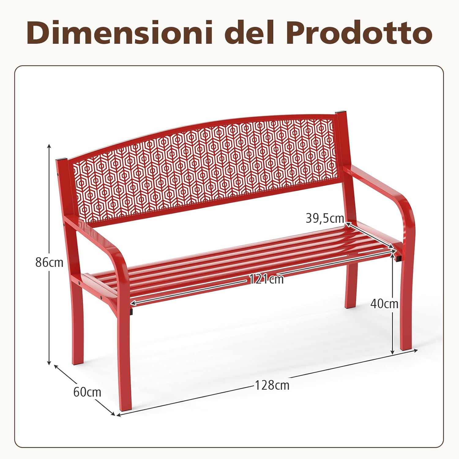 Panca da Esterno 2-3 Posti 128 cm, Panca in Metallo con Braccioli Curvi e Schienale alla Moda, Panchina Moderna in Metallo per Parco, Cortile e Giardino (Rosso, 128 x 60 x 86.5 cm)