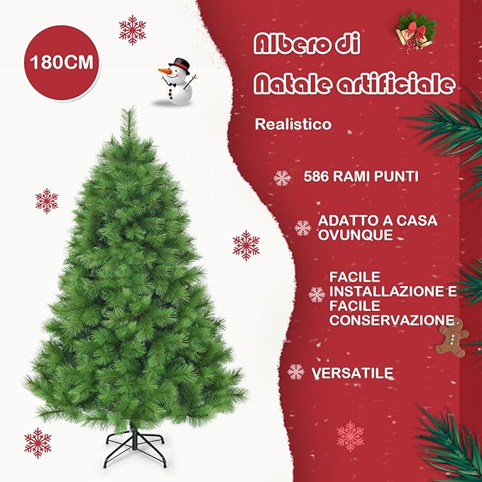 Albero di Natale Artificiale 180/210 CM, Albero di Natale con 586/808 Rami Folti e Base di Metallo, Ideale per Casa, Ufficio e Negozio, Verde (180 CM)