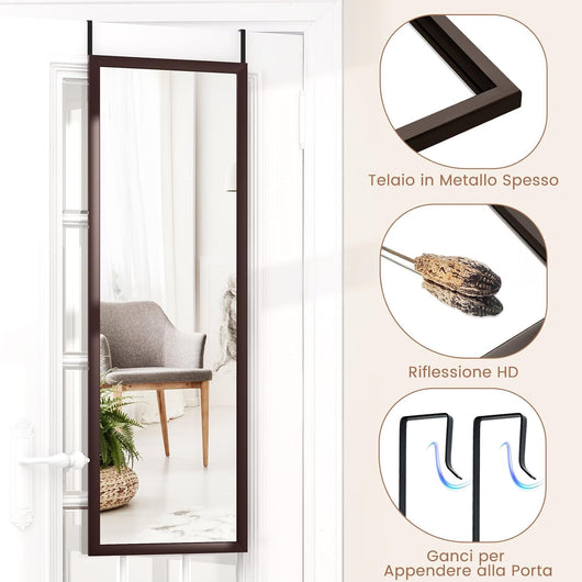 Specchio da Parete Lungo 108 x 36,5 cm, Specchio a Figura Intera Appendere con Cornice in Legno e Ganci, 2 Metodi di Montaggio e Altezza Regolabile (Marrone)