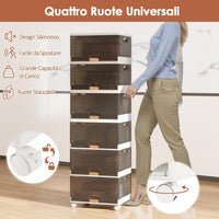 Scatole Immagazzinaggio Impilabili e Pieghevole con Ruote, Contenitore a 6 Ripiani con Coperchi, Organizzatori Trasparente, per Camera da Letto e Soggiorno, Bianco (37,5 x 27,5 x 121 cm)