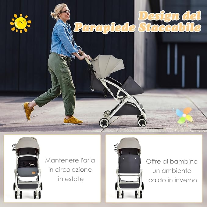 Passeggino Leggero per Bambini, Carrozzina con Schienale Regolabile, Passeggino Pieghevole con Ruote Universali, Sacco a fondo,per Bambini 0-36 Mesi, Portata 15 kg(Grigio)