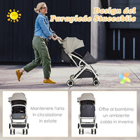 Passeggino Leggero per Bambini, Carrozzina con Schienale Regolabile, Passeggino Pieghevole con Ruote Universali, Sacco a fondo,per Bambini 0-36 Mesi, Portata 15 kg(Grigio)