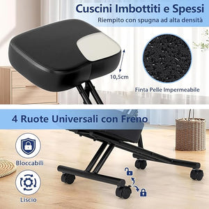 Sedia Ergonomica Inginocchiata con Ruote Universali Bloccabili, Sedia da Ginocchio Regolabile Posturale Struttura in Metallo, Sgabello Ergonomica per Casa e Ufficio, Nero