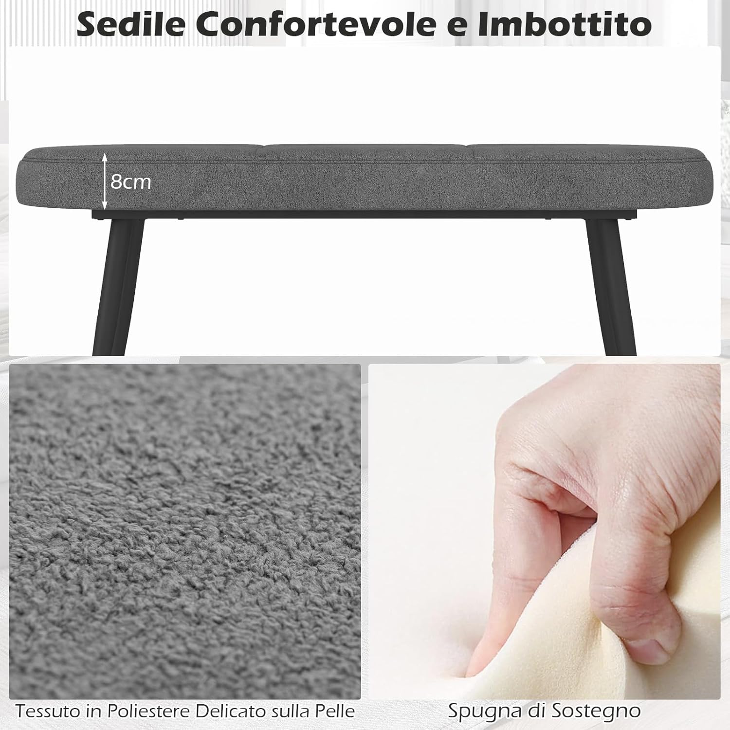 Panca Scarpiera da 113 cm, Panca da Ingresso con Cuscino Imbottito in Spugna e Gambe Metalliche Solide, Panca Fondo Letto per Soggiorno Camera da Letto, Carico 300 kg (Grigio)