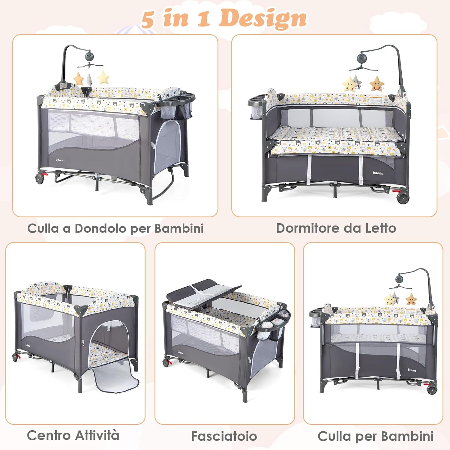 5-in-1 Lettino da Campeggio con Materasso, Lettino per Bambini con Fasciatoio, Lettino Pieghevole e Portabile, Altezza Regolabile in 5 Livelli, per Bambini 0-36 Mesi (Grigio+Beige)